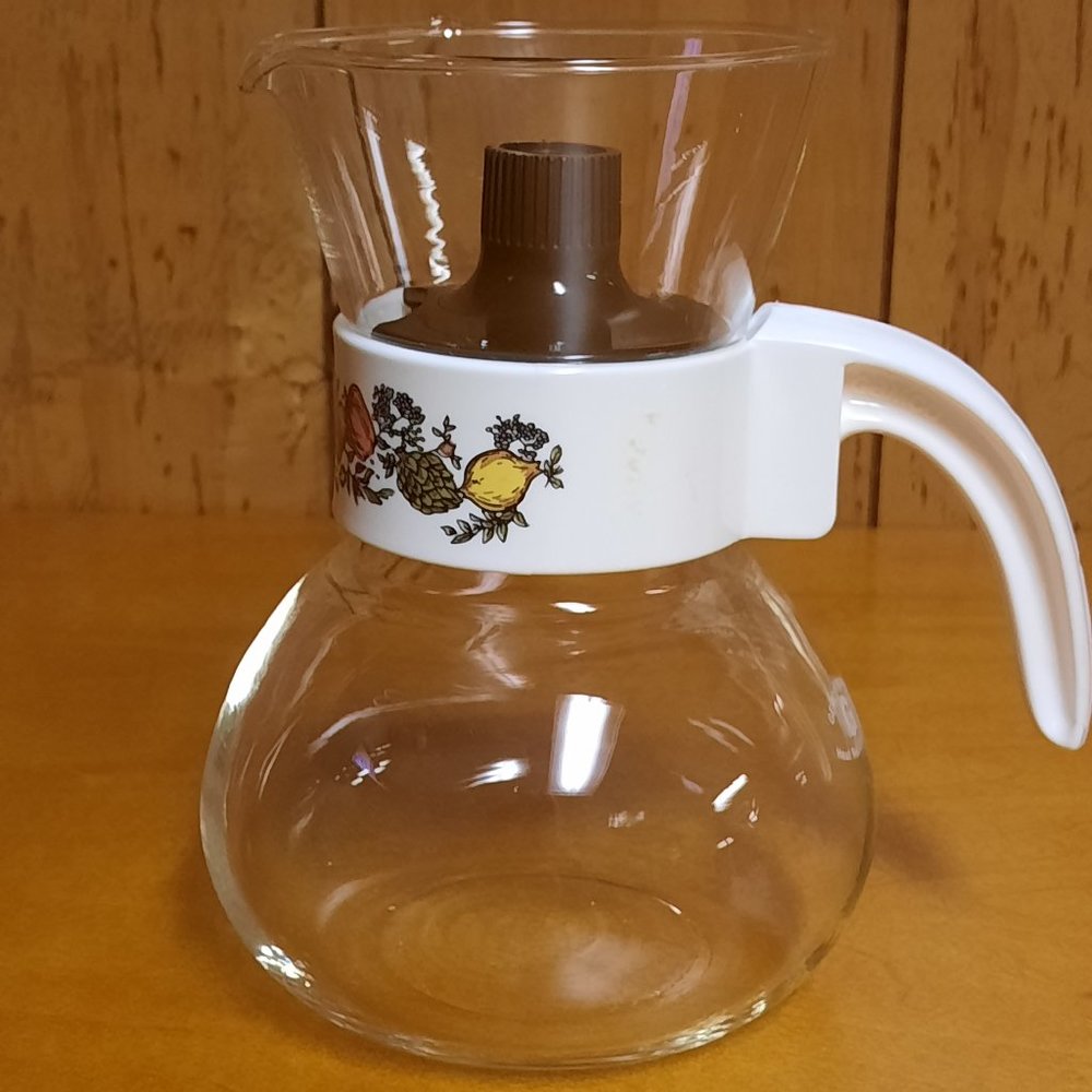 Vintage Gemco Brand Small Glass Coffee Pot with Vegetable Neckband Design